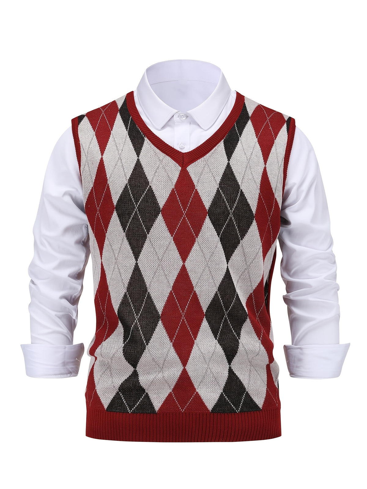 Men'S Spring Autumn 2pcs Set Casual Diamond Pattern Sweater Vest V-Neck Sleeveless Pullover Knit Vest - Burgundy+Dark Green