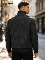 Men's Stand Collar Jacket, Windproof, Warm, Versatile, and Wear-Resistant, with Textured Finish and Precision Stitching. Loose-Fit Short Baseball Jacket Style for Daily Commuting, Streetwear, and Autumn/Winter Casual Wear. Features Ribbed Cuffs - Black