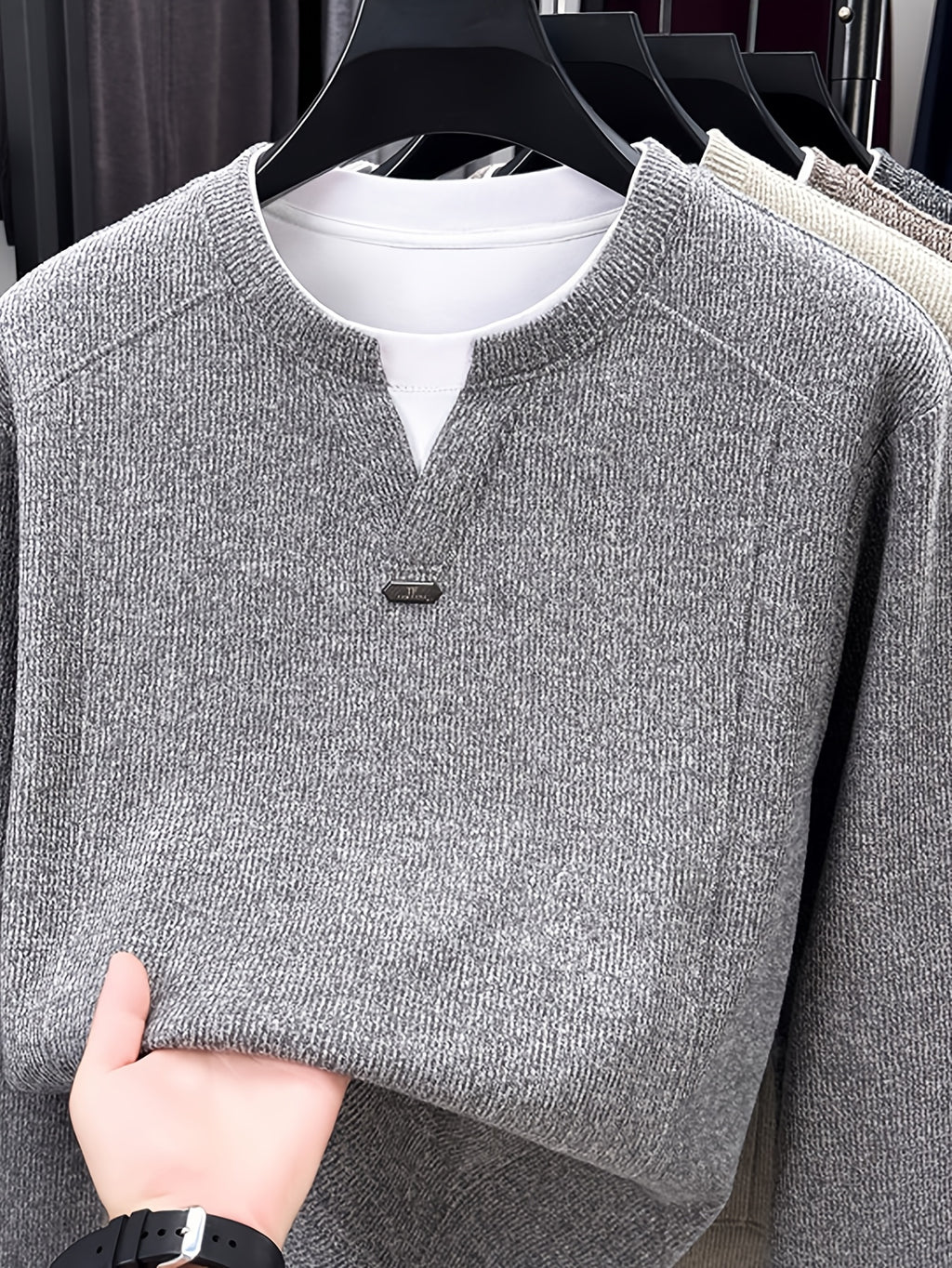 Men's 2-in-1 Look Knit Sweater, Old Money Style, Simple Business Casual, Suitable for Middle-Aged Men as a Spring/Autumn Inner Layer - SINBOS - Light Grey