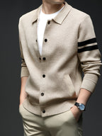 Star Dense Autumn-Winter Men's Striped Buttoned Open Front Long Sleeve Casual Turn Collar Knitted Cardigan, Mens Sleeveless Cardigans, Open Front Cardigan for Men, Cardigan, Men Plus Size Cardigan, Plus Size Mens Cardigan, Winter Wardrobe - Camel