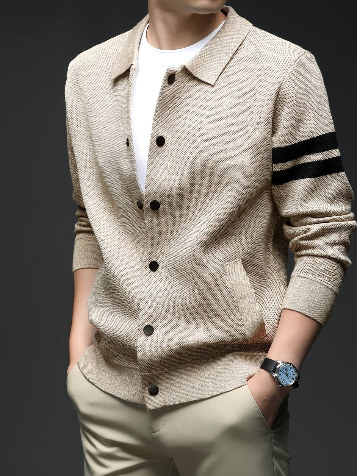 Star Dense Autumn-Winter Men's Striped Buttoned Open Front Long Sleeve Casual Turn Collar Knitted Cardigan, Mens Sleeveless Cardigans, Open Front Cardigan for Men, Cardigan, Men Plus Size Cardigan, Plus Size Mens Cardigan, Winter Wardrobe - Camel