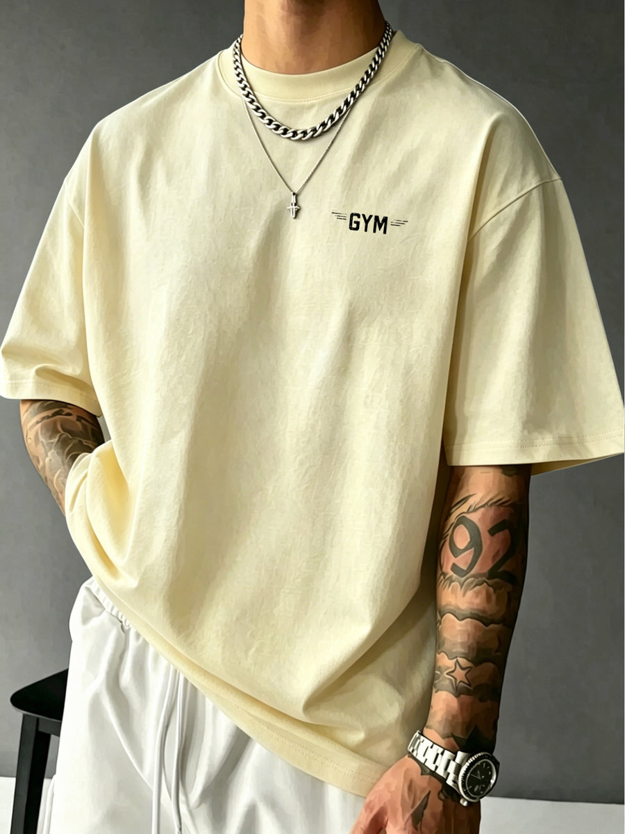 Men'S 100% T-Shirt Retro Fitness Muscle Pattern Comfortable Breathable Summer Casual Athletic Top - Apricot