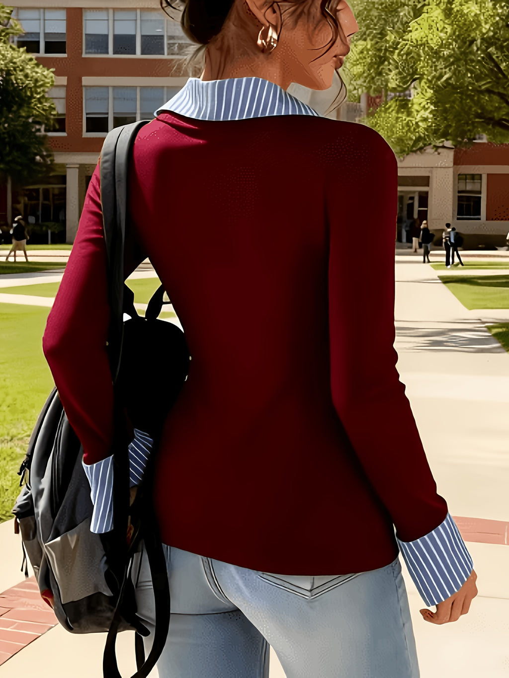 Elegant Commuter Bodycon 2-in-1 Look with Flared Neckline and Cuffs, Long Sleeves - Burgundy