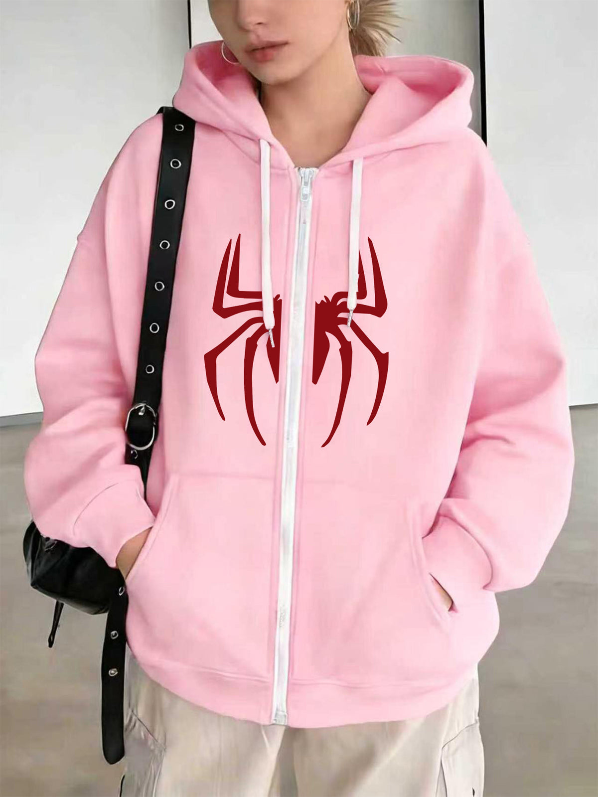 Licensed by Wb-Women'S Hoodie with Spidey Print-Spring And Autumn Casual Zip Hoodie, Fashion Sweatshirt, Spring And Autumn Vibrant Hoodie Zip Hoodie, Women'S - Pink