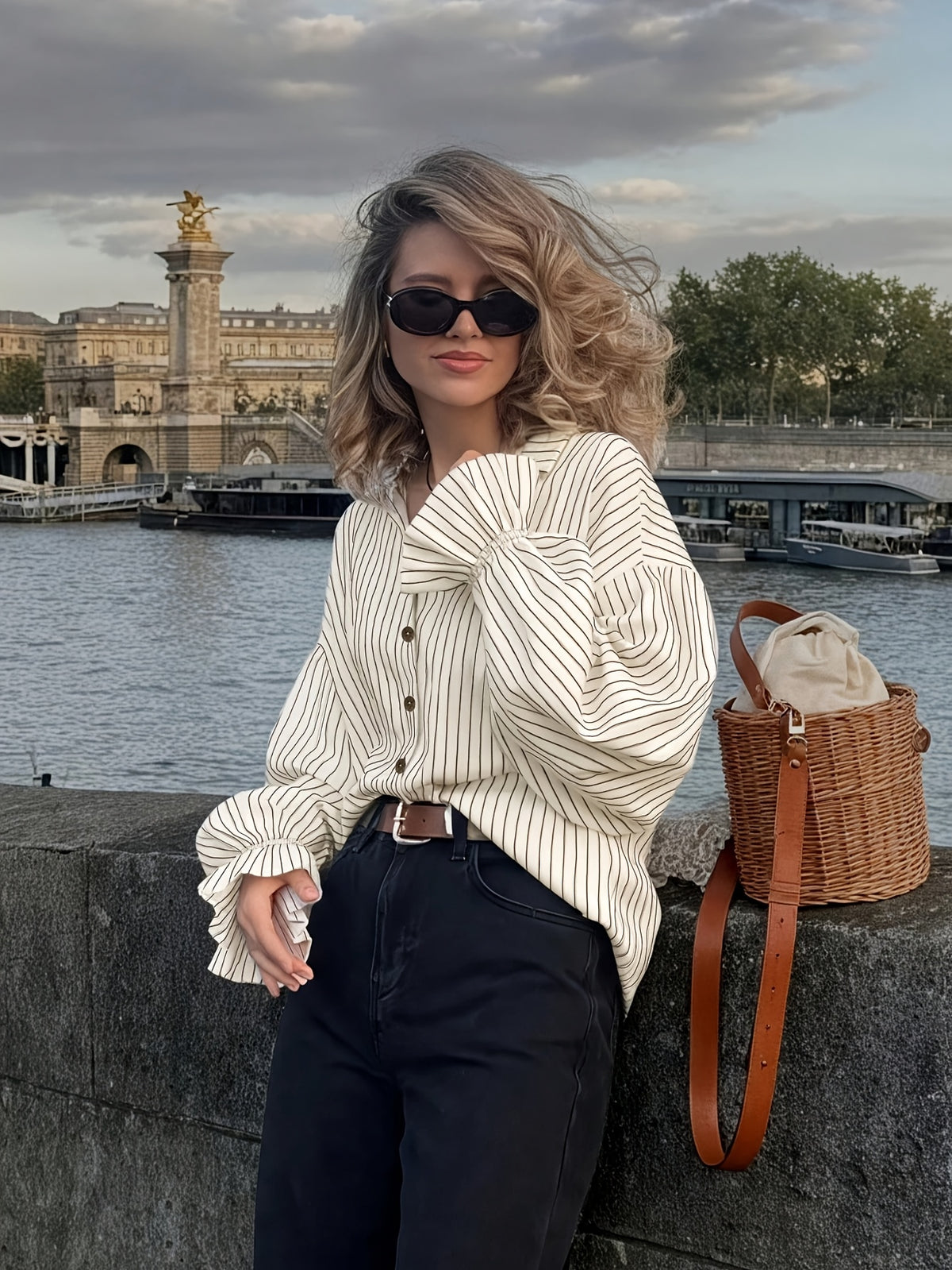 New Autumn Striped Women's Holiday Wear, Casual and Elegant for Outings, Dates, Back-to, Pleated Ruffle Front Button-Up Light Apricot Shirt, Early Autumn Street Style, Music Festival, Graduation, Beach Vacation, Beachwear, Party Wear, Birthday Wear - Light Beige