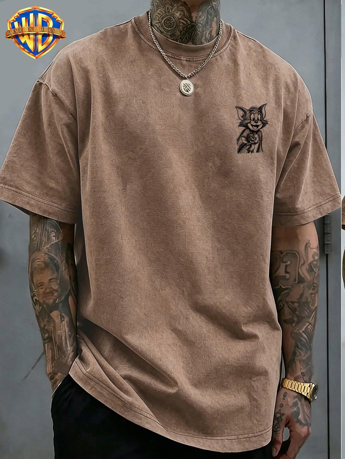 Officially Licensed Warner Bros. Classic Animation Graphic T-Shirt with Sketch-Style Print And Washed, Vintage-Look End; Versatile, Comfortable 100% Men'S Summer Tee Suitable for Outdoor Wear And Workouts - Coffee Brown