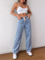 Light Blue Washed Wide-leg Jeans for Women with Elastic Drawstring Waist, Side Stripe Design, Loose Drape, and Casual Straight-leg Trousers - Light Blue