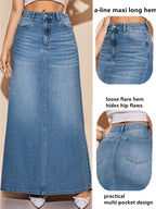 LATINA STYLE A-LINE FLARED MAXI DENIM SKIRT VINTAGE WASHED LONG JEAN SKIRT with POCKETS - Sea Blue