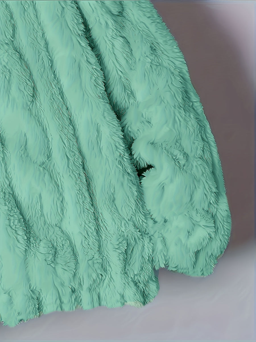 Plus Size - Autumn Winter Warm Thick Fleece Hooded Sweatshirt, Loose Casual Jacket, Coral Fleece Material, Plus Size Women'S Jacket/Winter Coat, Plus Size Women'S Outerwear, Elegant Women'S Shawl - Light Green