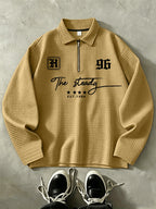 THE STEADY Men'S Half-Zip Fashion Waffle Texture Autumn Winter Casual Athletic POLO Shirt, Street Style Versatile Trendy Long Sleeve Top - Khaki