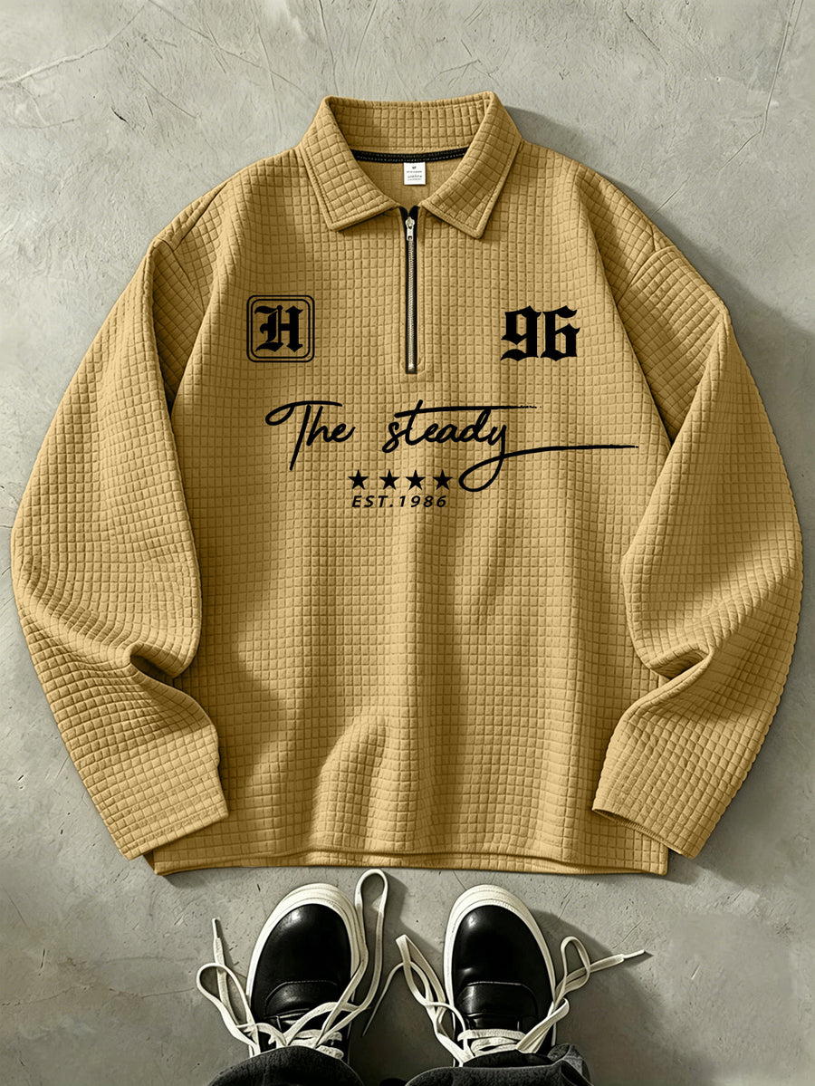 THE STEADY Men'S Half-Zip Fashion Waffle Texture Autumn Winter Casual Athletic POLO Shirt, Street Style Versatile Trendy Long Sleeve Top - Khaki