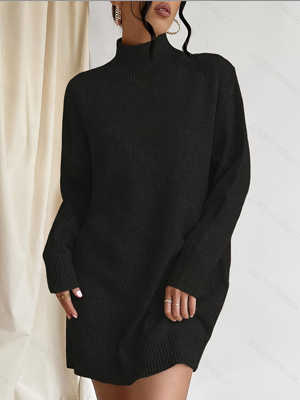 Casual Solid Color Stand Collar Sweater Dress, Versatile for Autumn and Winter - Black