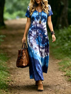 Plus Size, Plus-size Women's V-neck Dress for Spring/summer, Bohemian Style, Comfortable and Lightweight, Perfect for Beach Vacations, Fashionable and Versatile - Blue