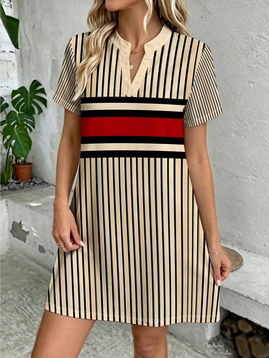 [Printed Design - Not Textured] New Western Women'S Fashion Casual Dress, Spring Summer Retro Color-Block Geometric Striped Digital Print Dress, Daily Comfortable Dress, Trendy All-Match Skirt - Khaki