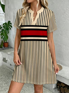 [Printed Design - Not Textured] New Western Women'S Fashion Casual Dress, Spring Summer Retro Color-Block Geometric Striped Digital Print Dress, Daily Comfortable Dress, Trendy All-Match Skirt - Khaki