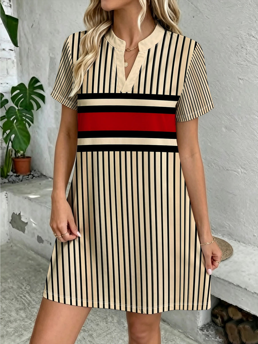 [Printed Design - Not Textured] New Western Women'S Fashion Casual Dress, Spring Summer Retro Color-Block Geometric Striped Digital Print Dress, Daily Comfortable Dress, Trendy All-Match Skirt - Khaki