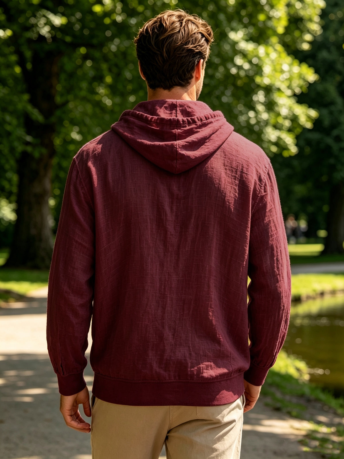 Spring And Autumn Men'S Casual Hooded Shirt, Long Sleeve Shirt, Solid Color Minimalist, Trendy And Versatile, Lightweight And Breathable, Suitable for Beach Vacation, Travel, And Daily Wear - Burgundy