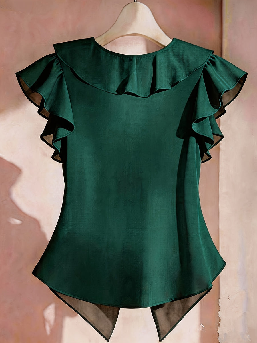 Summer French Solid Ruffled Fly Short Sleeve Shirt Chiffon Top Women'S - Dark Green