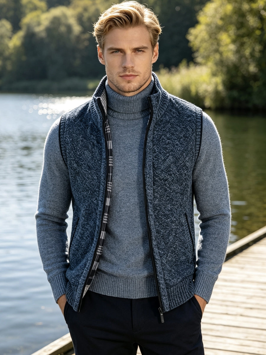 Men'S Stand Collar Zip-Up Vest, Thick Warm Sleeveless Sweater Waistcoat Gilet, Casual Fall Winter Outerwear Sleeveless Cardigan for Daily Commute Outdoor Street Wear - Grey Blue