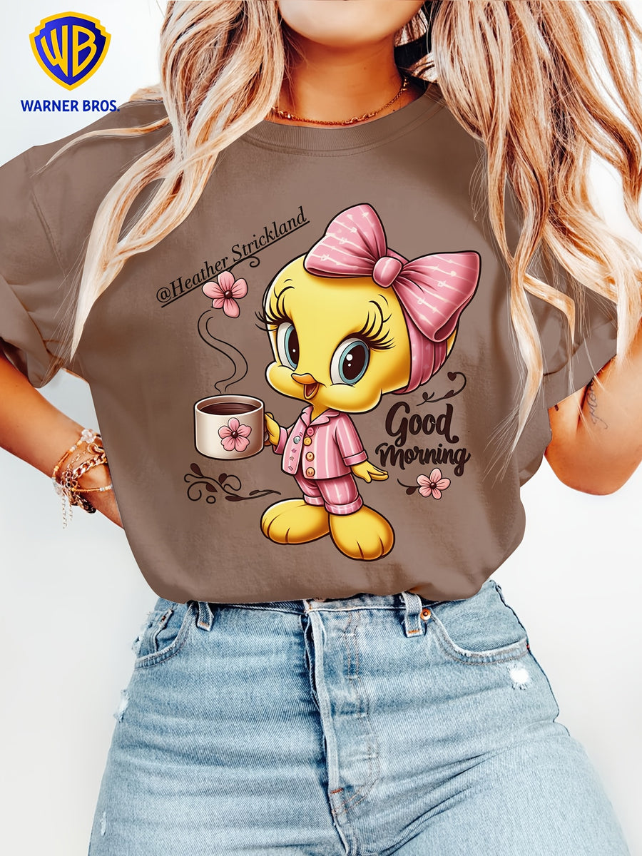 Women'S Elegant Short Sleeve, Cui Di Good Morning Morning Coffee Style Print, Soft Stretch Round Neck Casual Retro Style Top, Warner Bros. Licensed, Suitable for Spring Summer Autumn Daily And Vacation Wear, S-XXL Size - Coffee Brown