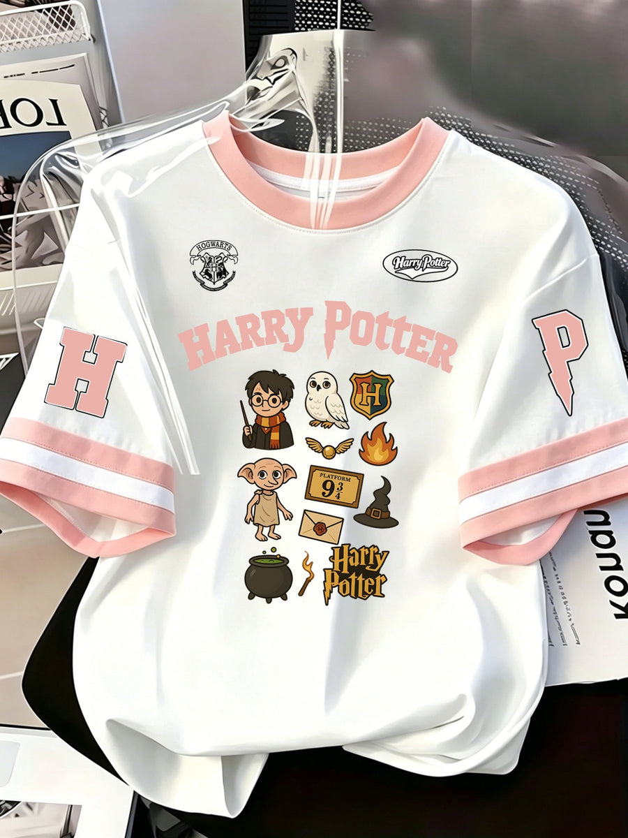 Women'S Round Neck Short-Sleeved T-Shirt Casual Women'S Clothing, Contrasting Color Striped Sleeve Design, "Harry Potter" Cartoon Sticker Style Pattern Print, Short-Sleeved Women'S Top Summer, Soft And Comfortable Short-Sleeved - pink color