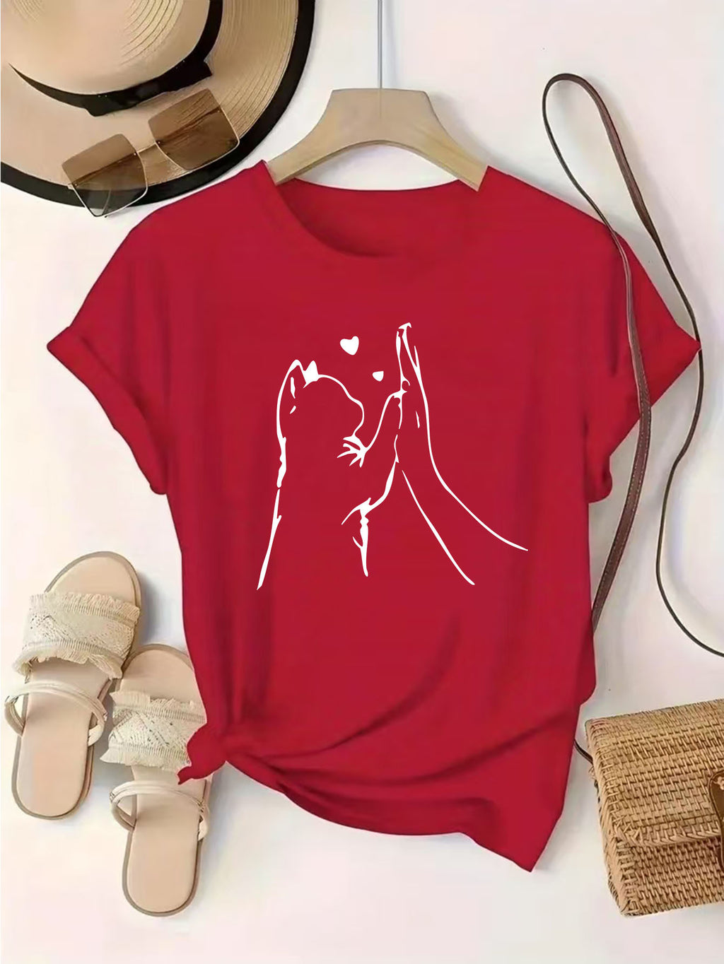 Women'S Fashion Pattern Printed T-Shirt, Round Neck Top, Casual Short Sleeve Top, Comfortable And Soft Knitwear - Red