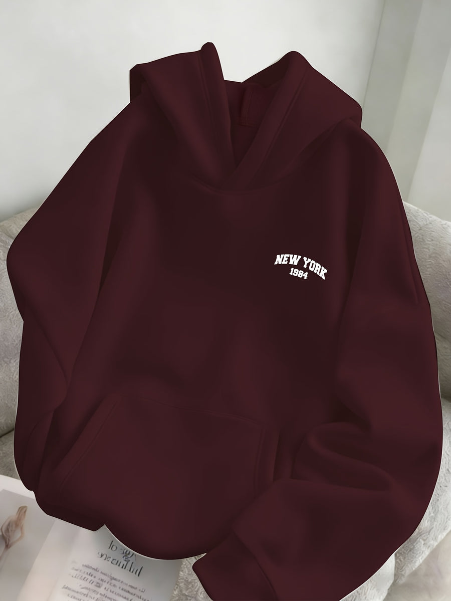 1pc Fashionable Women'S Spring Autumn Fleece Oversized Hooded Sweatshirt - Korean Niche Easy Age-Reducing Versatile Casual Trendy Preppy Style Letter Pattern Printed Top - Burgundy