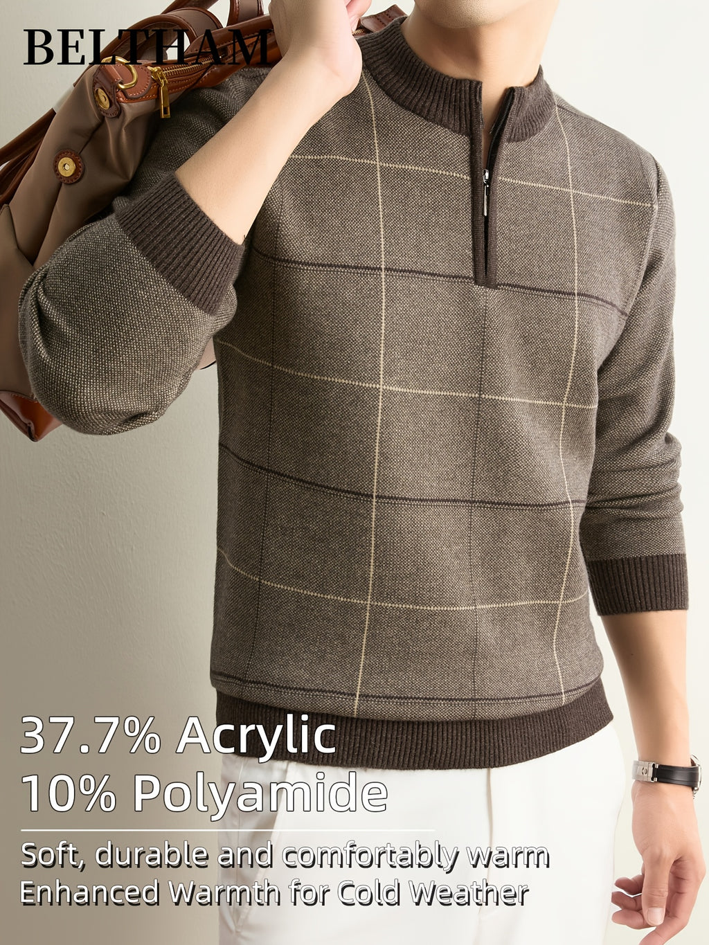 Men' Thick Warm Winter Knit Sweater Half-Zip Collar Pullover - Soft Thermal Long Sleeve Round Neck Sweater Suitable for Casual, Business, Outdoor Wear, Ideal Gift for & Husband, Fishing, Camping, Daily Use, Hand Washable - Camel