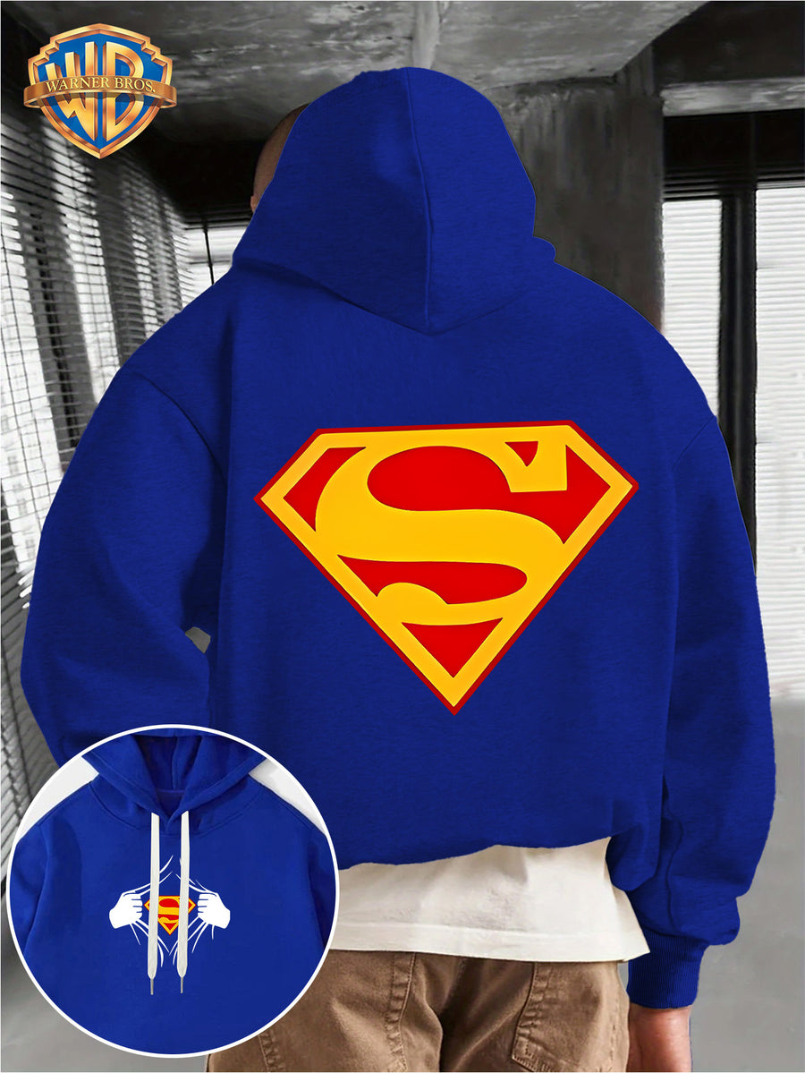 WB Men's Superman 'S' Logo Hooded - Iconic WB Logo & Superman Emblem Print Hoodie, Loose-Fit Casual Pullover with Hood, Fall/Winter Warmth, Machine Washable Suitable for Fall/Winter Warmth, Iconic Superman - Blue