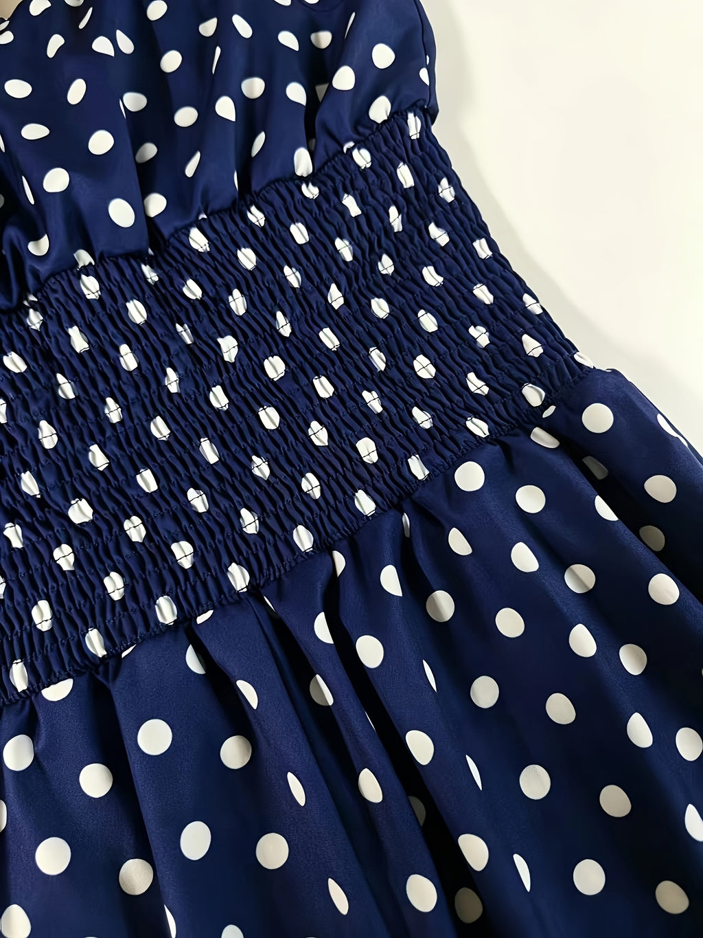 Women'S New Retro Polka Dot Print Jumpsuit, Shoulder Bow Tie Detail, Round Neck Sleeveless Back Slit Button Design, Elastic Ruched Waist, Summer Casual Beach Vacation Outfit, Elegant Commute, Date Outing Daily Wear Long Length Wide Leg Trousers - Navy Color