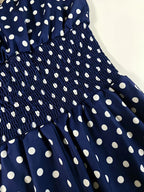 Women'S New Retro Polka Dot Print Jumpsuit, Shoulder Bow Tie Detail, Round Neck Sleeveless Back Slit Button Design, Elastic Ruched Waist, Summer Casual Beach Vacation Outfit, Elegant Commute, Date Outing Daily Wear Long Length Wide Leg Trousers - Navy Color