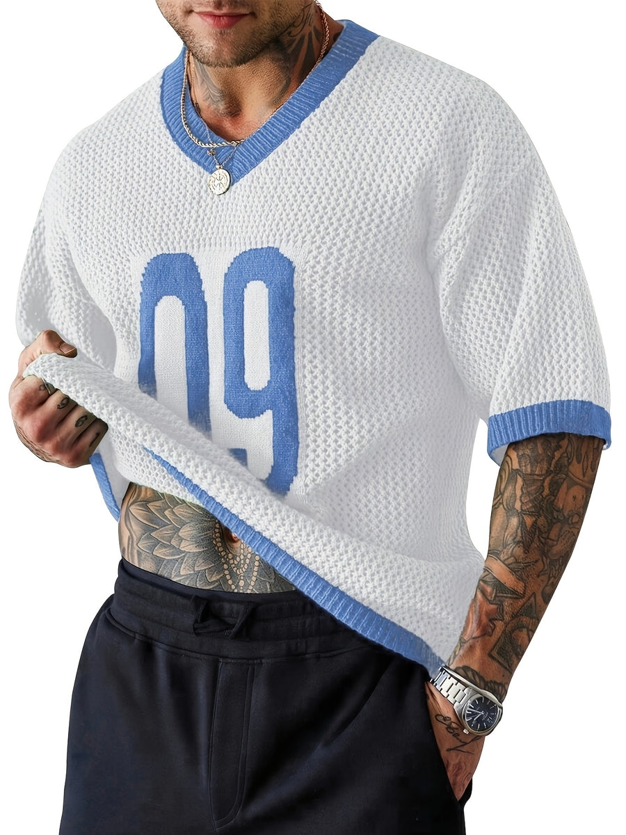 Spring Summer New Men'S Short Sleeve Hollow Loose Knit Pullover Top V-Neck Pullover Casual Outdoor Top - White