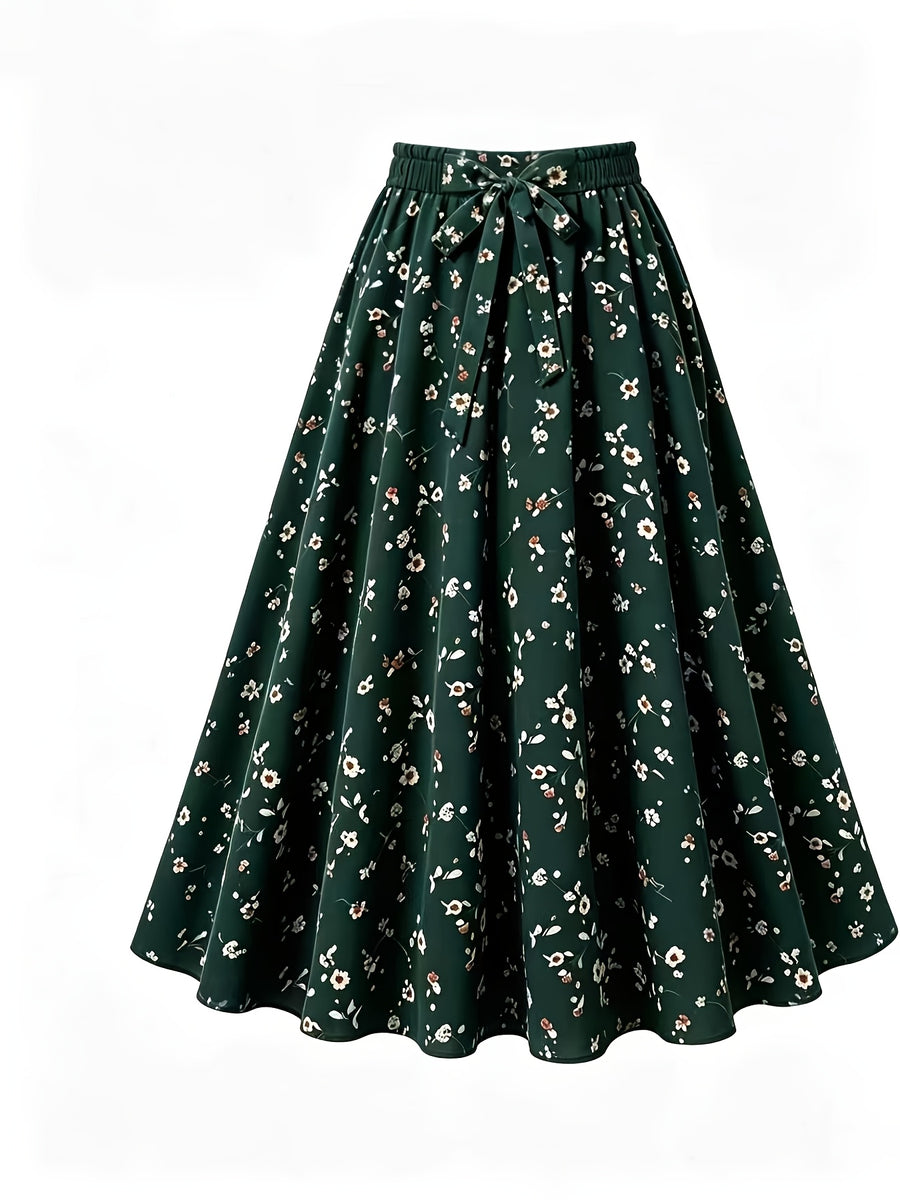Leopard Print High-Waist Flared Midi Skirt Women'S Elastic Waist Bow Tie A-Line Swing Skirt Casual Daily Party Streetwear Long Skirts - Dark Green