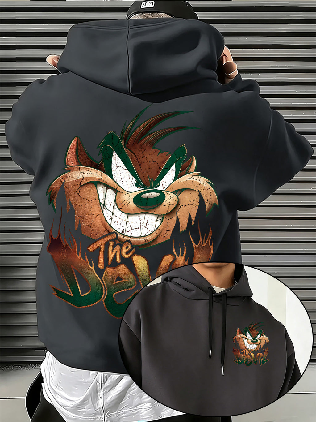 Warner Bros. Big Mouth Style Print, Hooded Sweatshirt with Graphic Design, Multi-functional Street Style Men's Hoodie, Comfortable and Casual, Suitable for Autumn and Winter Wear - Dark Gray