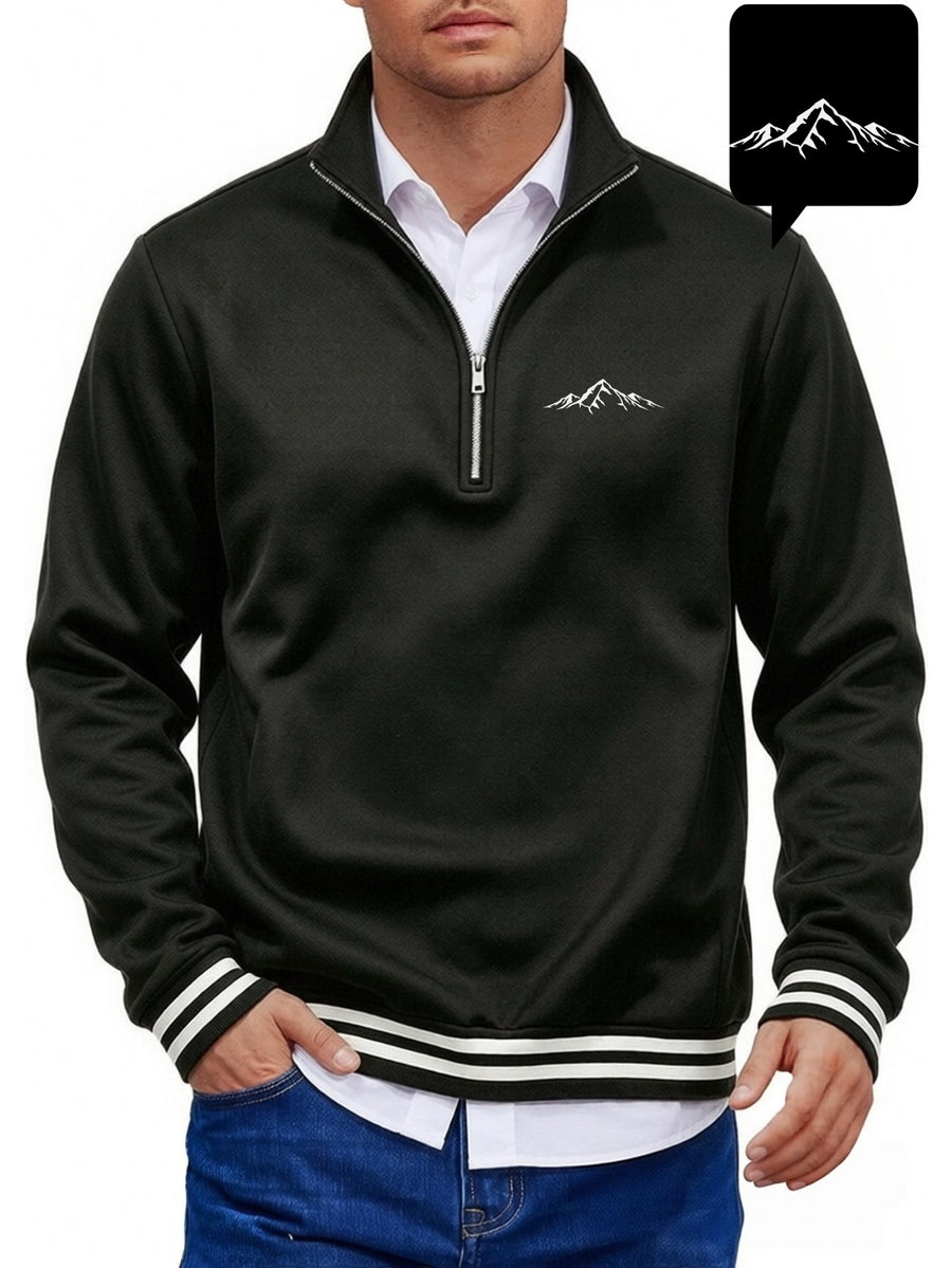 Men's Solid Color Half-Zip Stand Collar Sweatshirt, Mountain Print with Striped Ribbed Cuffs and Hem, Loose Fit Casual Sport Pullover, Daily Vintage Style Jacket - Black