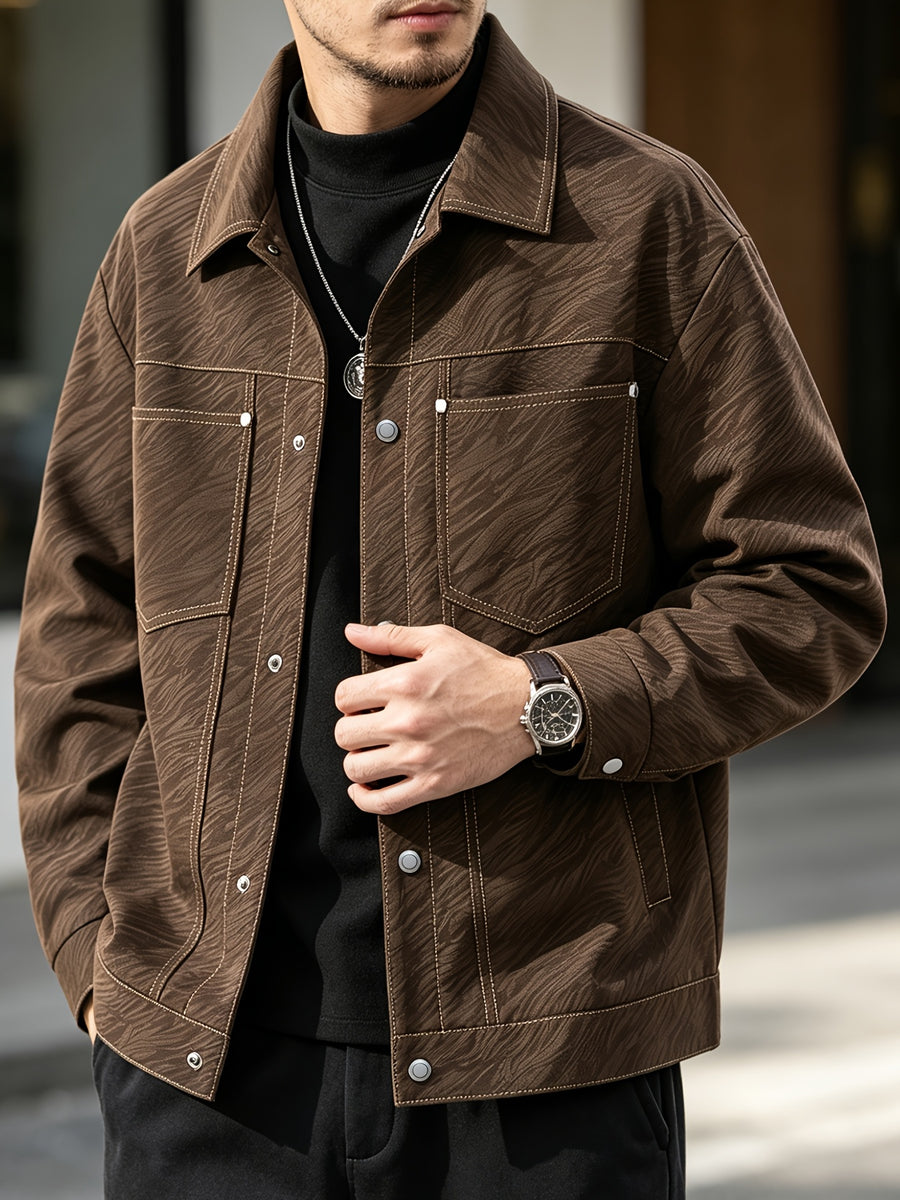 Men'S Minimalist Premium Style Lapel Jacket, Solid Base with Embossed Texture, Versatile And Timeless, Structured Fit Enhances Presence, Smooth Wrinkle-Resistant Fabric for Easy Care, All-Season Wear, Ideal for Dates, Commuting, And Shopping - Coffee Color