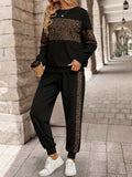 Ms. Emily Rose'S Long-Sleeve Houndstooth Patchwork Sweatshirt And Long Pants Two-Piece Set for Spring And Autumn - Black + Leopard Print