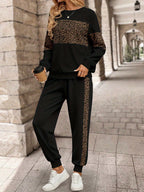 Ms. Emily Rose'S Long-Sleeve Houndstooth Patchwork Sweatshirt And Long Pants Two-Piece Set for Spring And Autumn - Black + Leopard Print