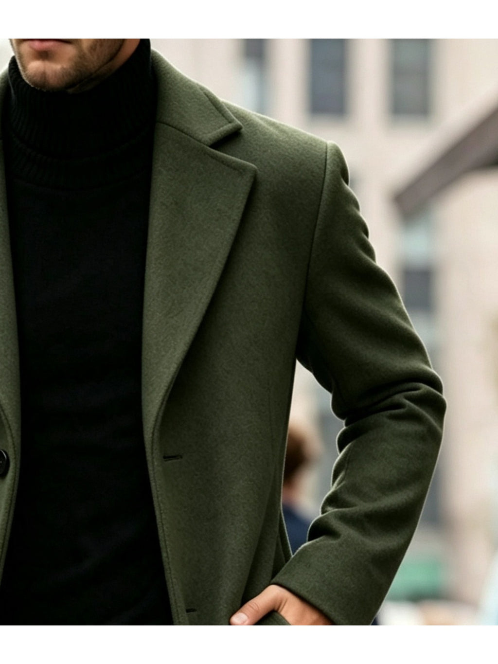 Men's Long Tweed Overcoat, European and American Style Suit Lapel Single-Breasted Slim Fit Blend Coat, Autumn/Winter Windproof and Warm Business Men's Wear, Multiple Colors Available, 100% Polyester - fern green