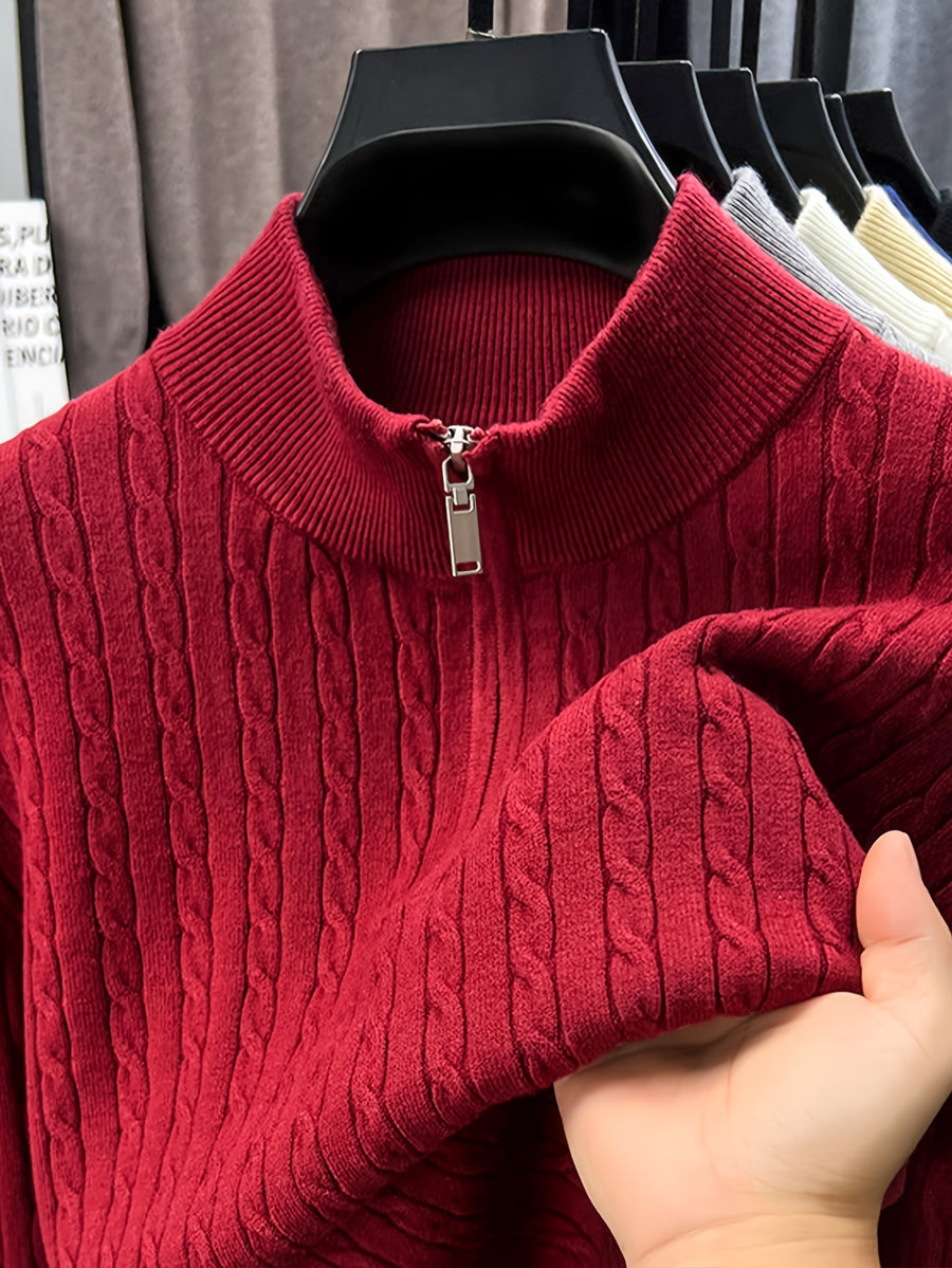 Half-zip Cable-knit Sweater, Fully Constructed with Herringbone Cable Stitching for a Strong Three-dimensional Texture. Compared to a Stockinette Sweater, It Has a More Vintage Feel. The Slightly Relaxed Fit Offers Good Forgiveness for Body Shapes - Burgundy