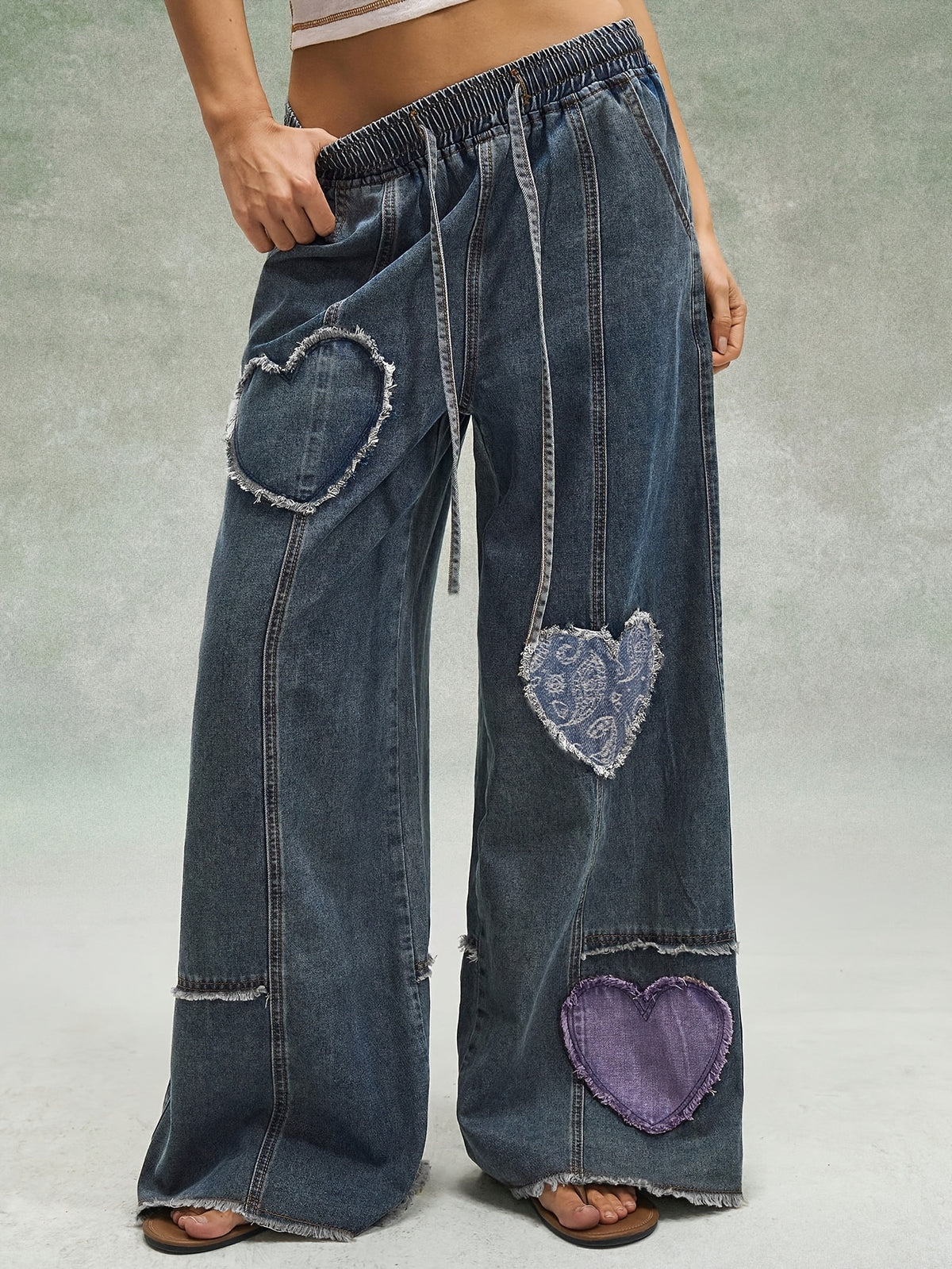 Vintage Distressed Heart Patch Denim Pants with Elastic Drawstring Waist, Raw-hem Patchwork, Wide-leg Versatile Casual Trousers - Medium Blue
