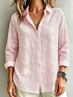 Women'S Vintage Loose Classic Shirt, Long Sleeve Lapel Embroidery Elegant Casual Office Commute Preppy Fashion All-Season Blouse - Pink