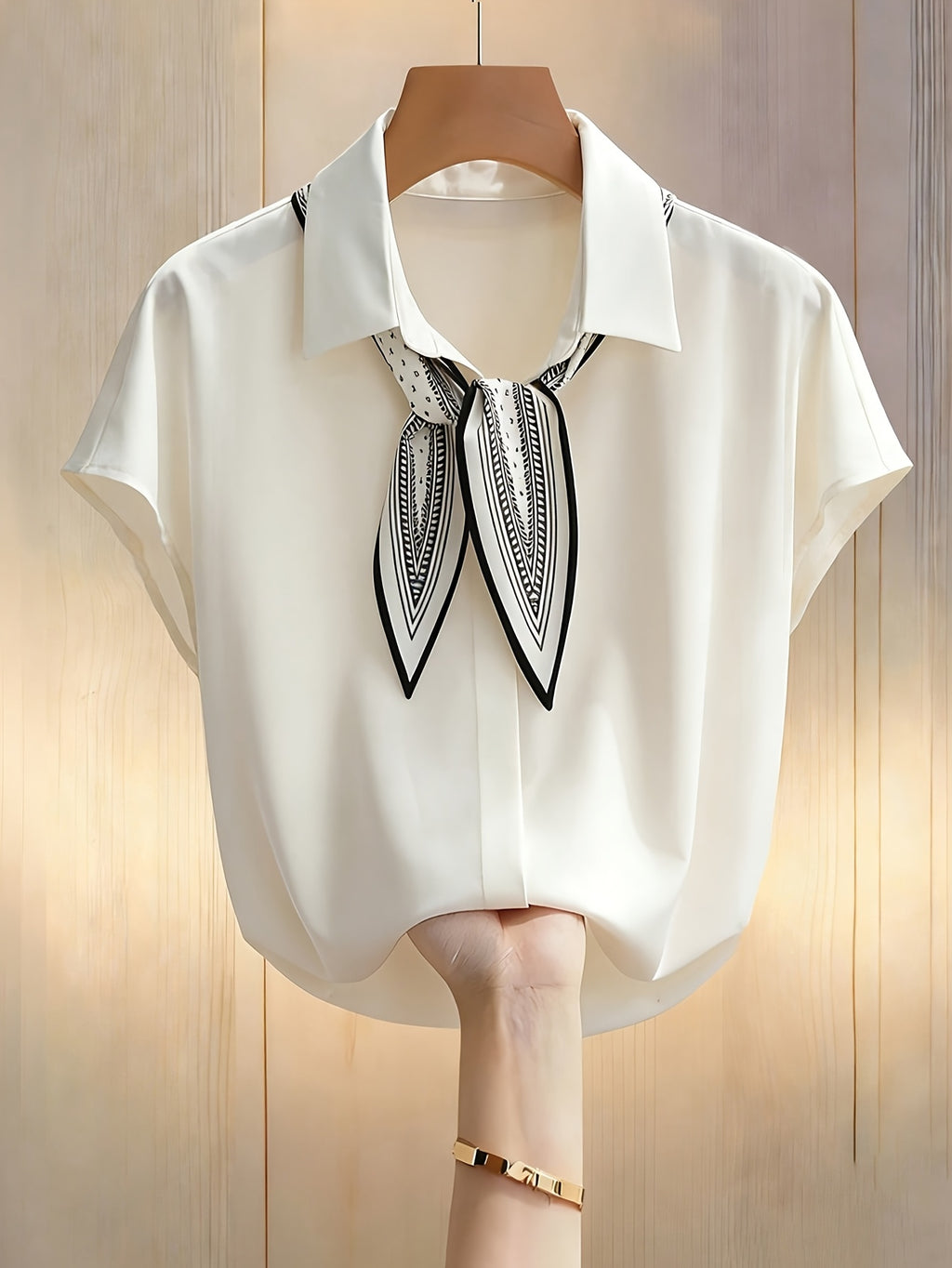 Women'S Beige Batwing Print V-Neck Tie-Up Chiffon Top, Short Sleeve Loose Fit Blouse - Apricot