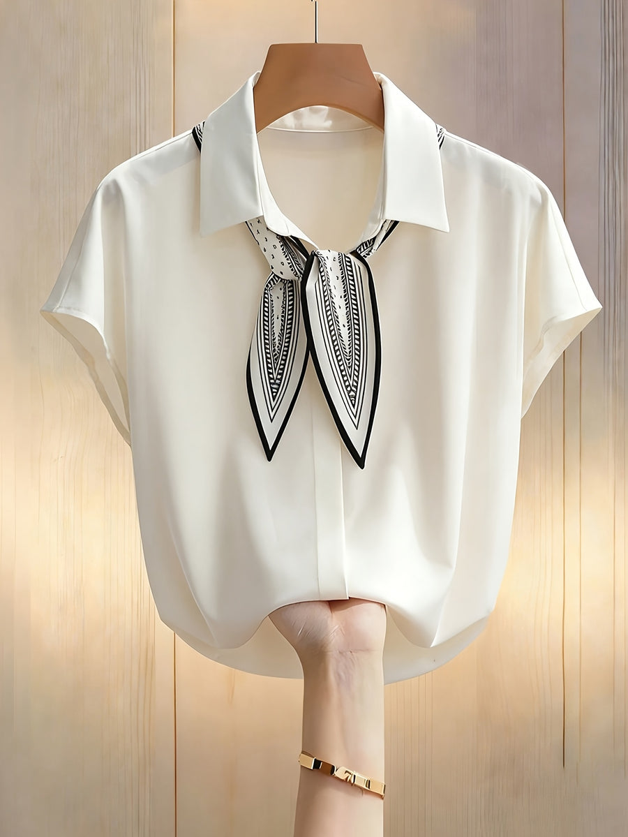 Women'S Beige Batwing Print V-Neck Tie-Up Chiffon Top, Short Sleeve Loose Fit Blouse - Apricot