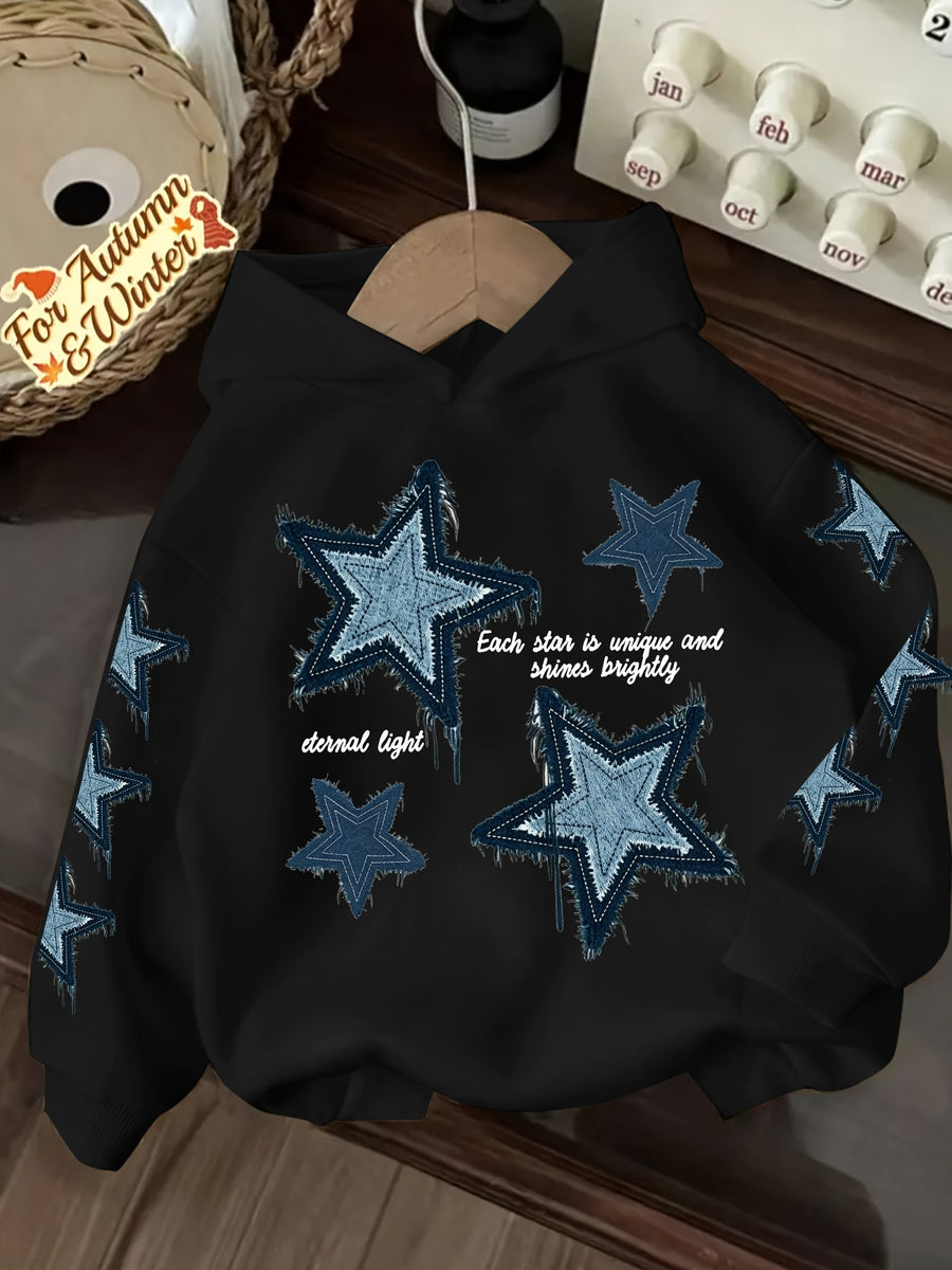 Vintage Denim Fringe Star Hooded Sweatshirt with All-Over Five-Pointed Star Print, a Versatile Casual Hoodie Top for Spring and Autumn - Black