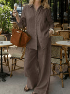Old Money Style Women'S Pure Elegant Outfit, Suitable for Spring/Summer And Holidays | 2pcs Casual Set, Shirt And Wide-Leg Pants - Coffee Color