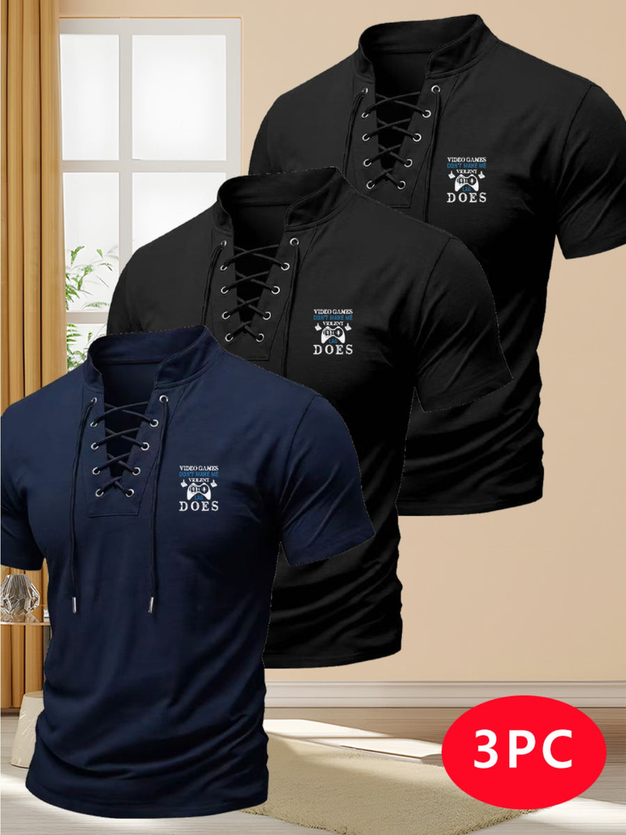 Men's Three-pc Summer New Arrival Solid Color Stand Collar Short Sleeve T-Shirt, American Vintage Style with Unique Drawstring Cross-Over Shoulder Straps, Slim Fit Fashionable Casual Streetwear Sporty Short Sleeve Top - Black+Black+Navy