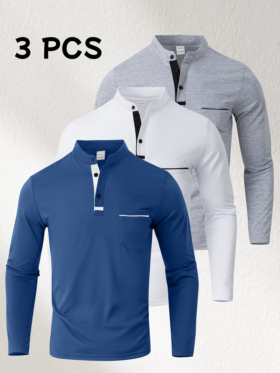 [Josh May OBM] 3pcs Men'S Long Sleeve Henley Shirts, Skin-Friendly Comfortable Fabric, Natural Elasticity Wearing Experience, Slim Casual Fit, Stand Collar Button-Up Design, Contrast Color Patchwork Detail, Chest Pocket Decoration - Sea Blue + White + Light Gray