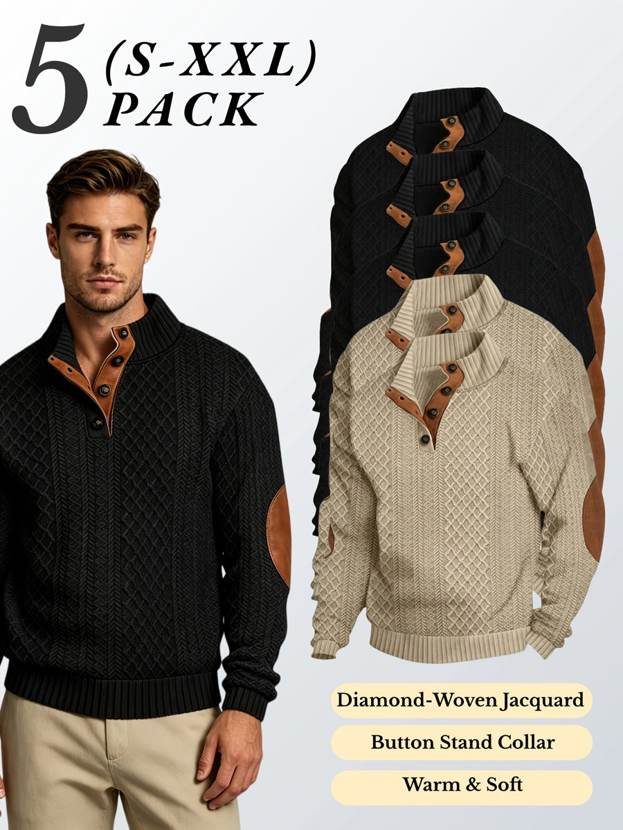 5pcs Set Men's Textured Jacquard Knit Vintage Casual Button-Up Stand Collar Long Sleeve Top, Versatile Basic Solid Color for Autumn/Winter Outings and Home Wear - Black 3+ Khaki 2