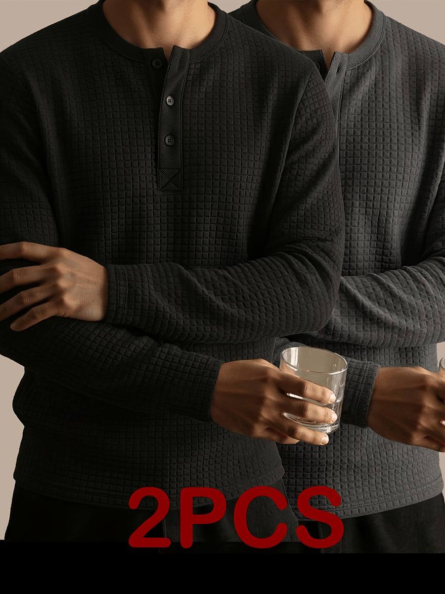 Men's Autumn Two-pc Waffle Knit Henley Long-Sleeve Sweater, Soft Three-Dimensional Checkered Textured Fabric, Three-Button Placket for Adjustable Collar, Simple Casual Commuter Style, Can Be Worn Alone or as a Layering Piece, Suitable for Daily - Black Dark Gray